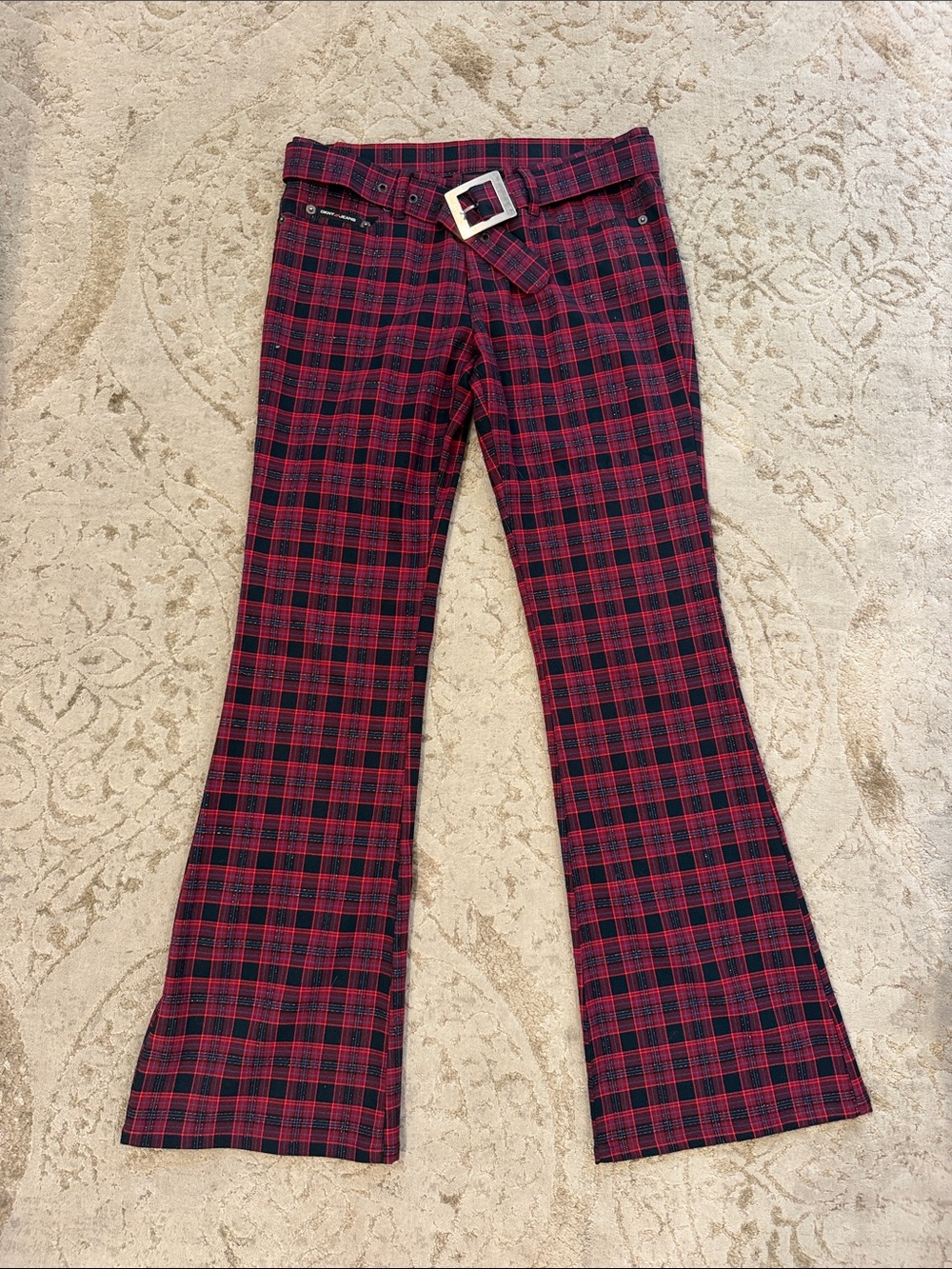 DKNY Red Plaid Flare Jeans with Buckle Belt